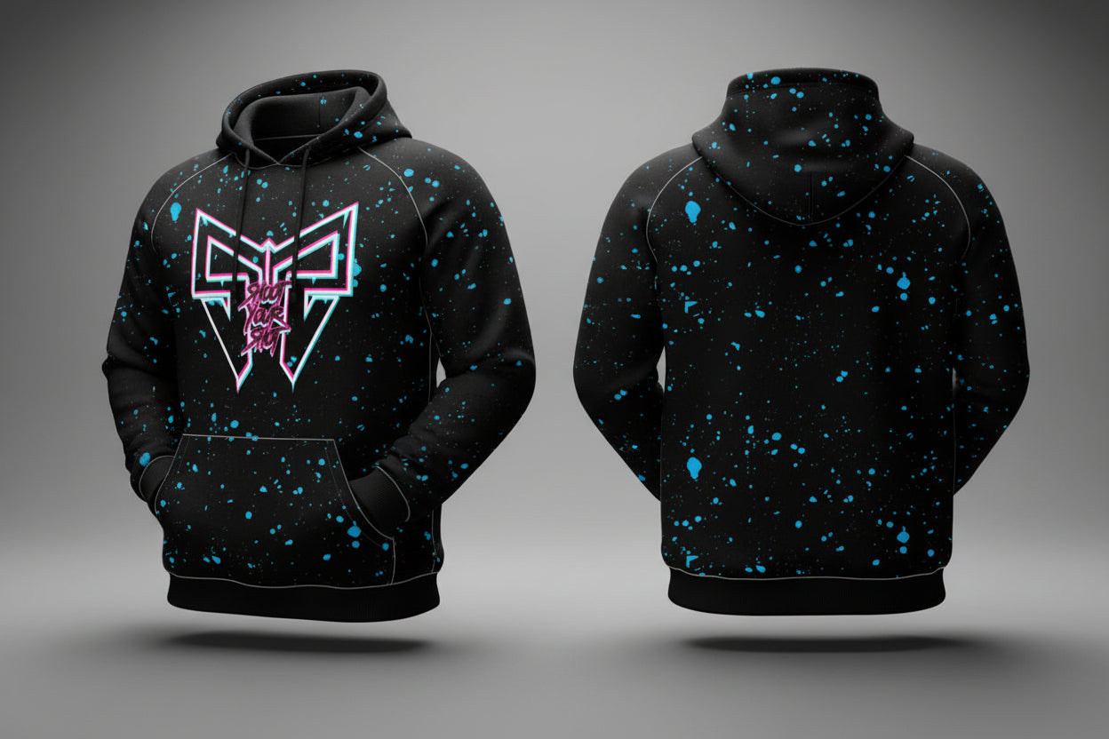 A black and blue drip-style hoodie with a hood, featuring a prominent logo on the front and a smaller one on the back. The hoodie is designed for custom apparel with a request to add a name and/or number on the back.