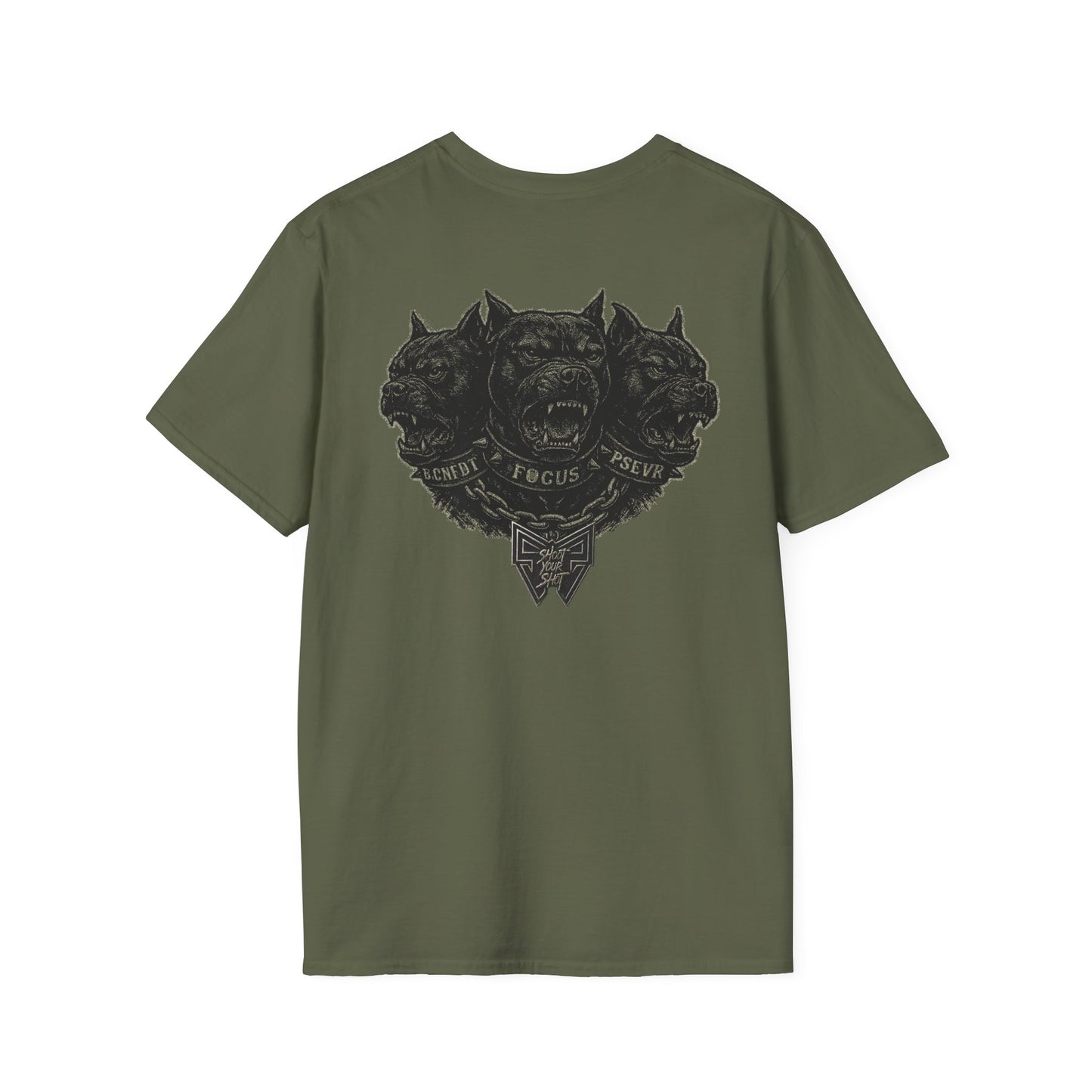 Military Green T‑Shirt with Three‑Headed Cerberus Emblem — 'Strength • Focus • Resilience' Graphic Tee