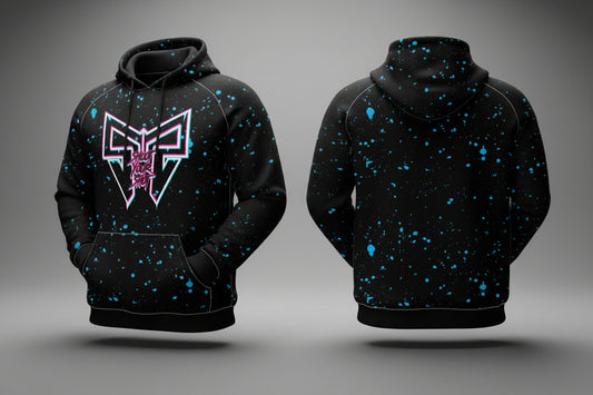 A black and blue drip-style hoodie with a hood, featuring a prominent logo on the front and a smaller one on the back. The hoodie is designed for custom apparel with a request to add a name and/or number on the back.